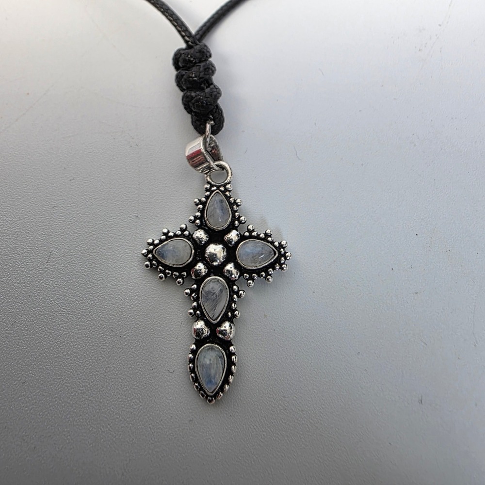 Rainbow Moonstone Cross Pendant Necklace Adjustable Tibetan Handmade Black Cord - Picture 3 of 6